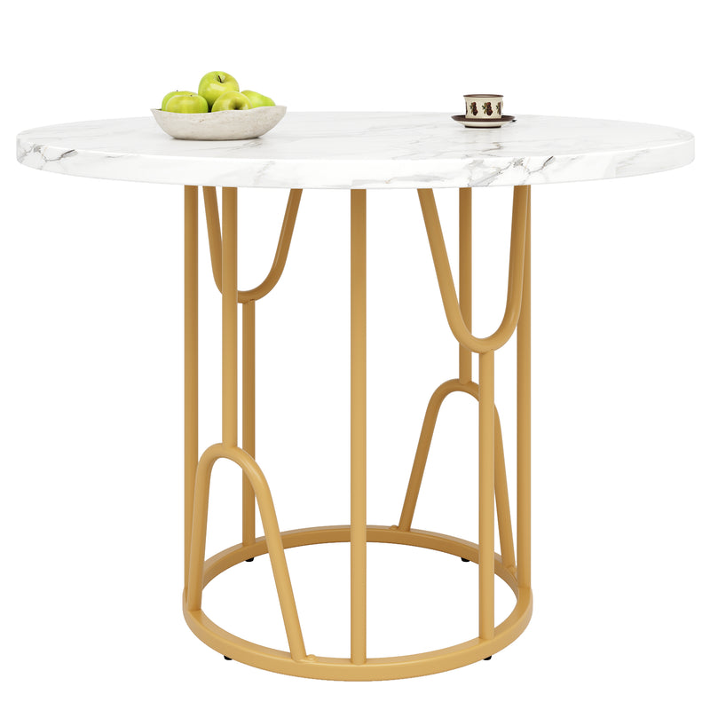 Table de salle à manger ronde effet marbre blanc piètement métallique doré KHASE