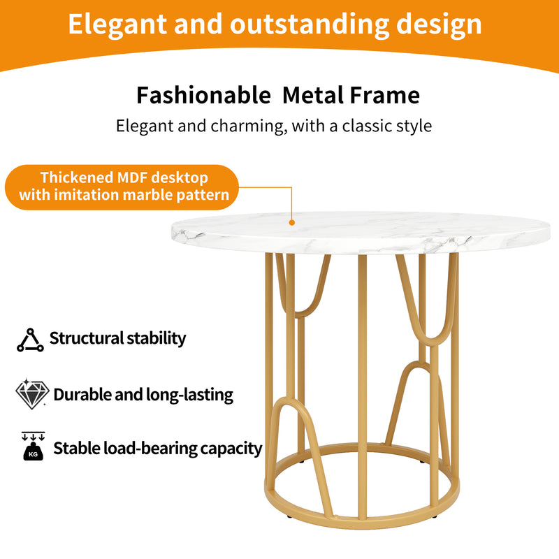 Table de salle à manger ronde effet marbre blanc piètement métallique doré KHASE