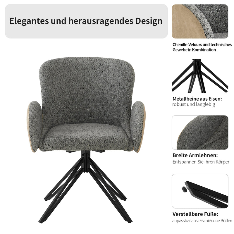 Lot de 2 chaises de salle à manger en velours bouclé gris pivotante à 360° avec accoudoirs KHERCEKS