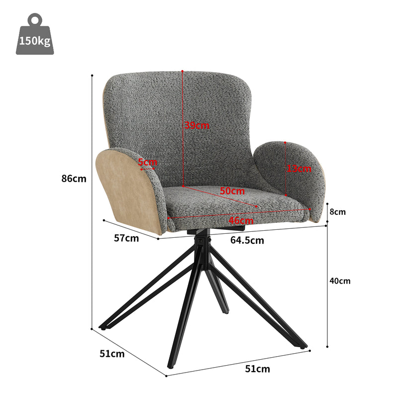 Lot de 2 chaises de salle à manger en velours bouclé gris pivotante à 360° avec accoudoirs KHERCEKS