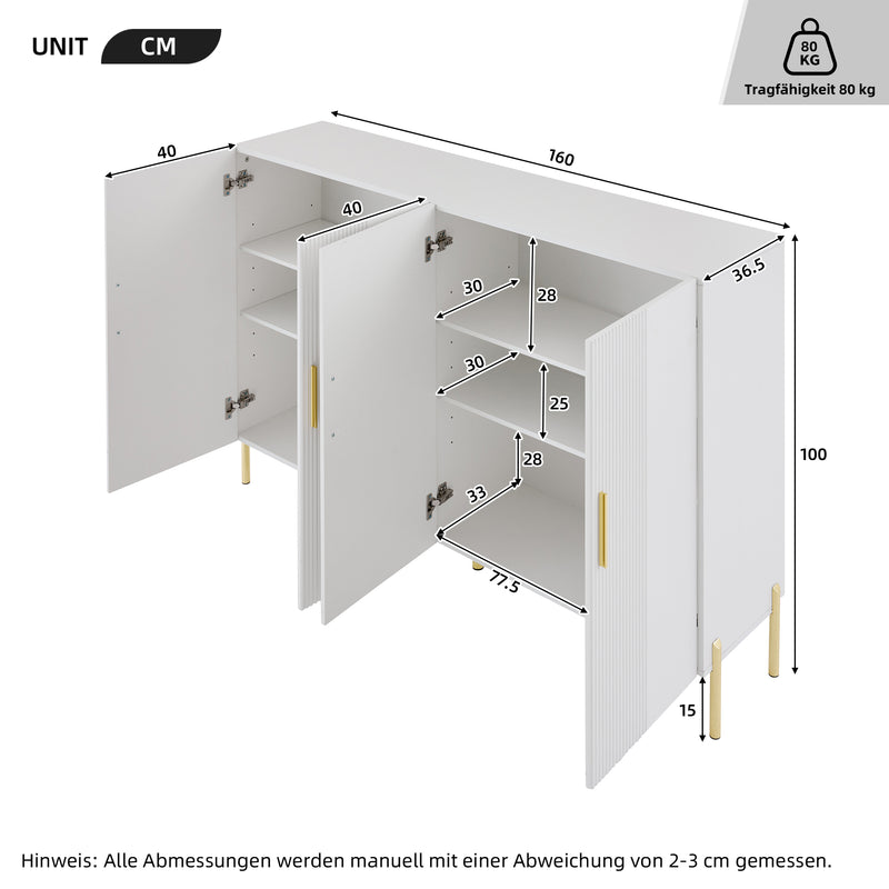 Buffet multifonctionnelle moderne blanc mat 4 portes poignets et pieds dorée 160*35*100 cm KIKS