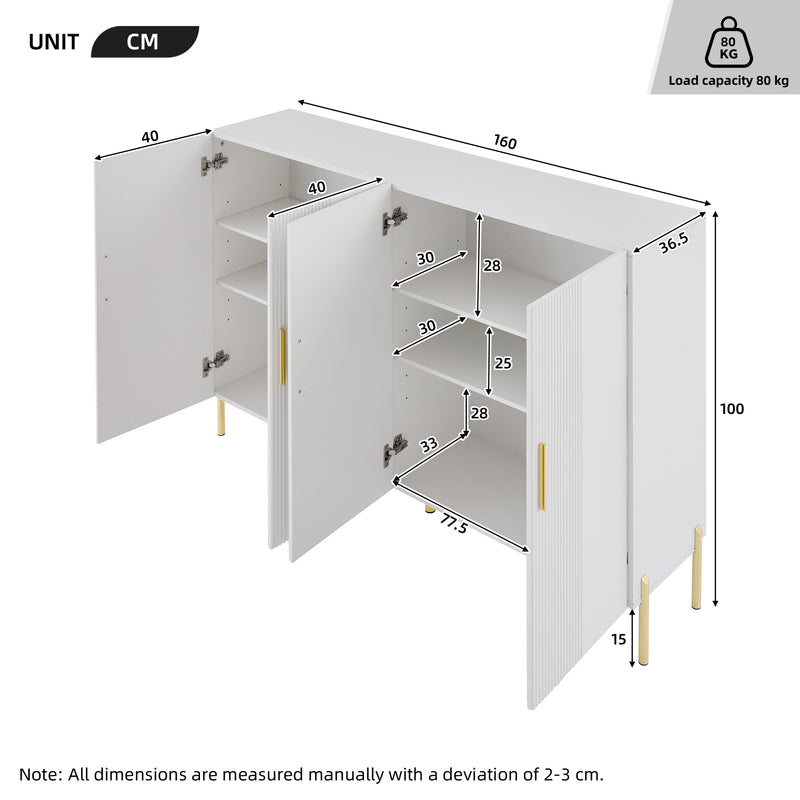 Buffet multifonctionnelle moderne blanc mat 4 portes poignets et pieds dorée 160*35*100 cm KIKS