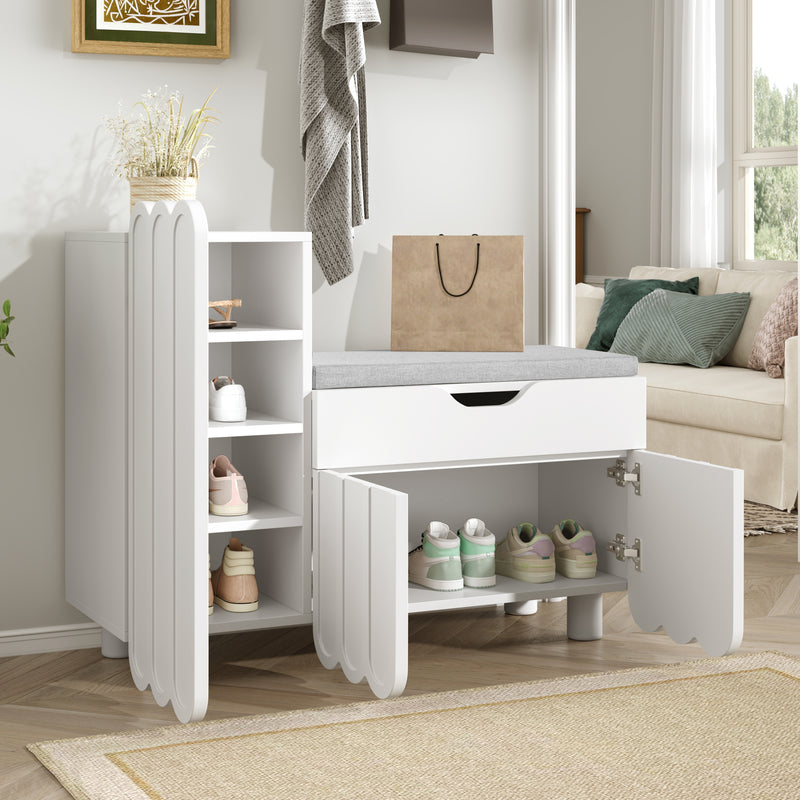 Meuble à chaussures blanc avec rangement banc assise rembourrée KIVUILS
