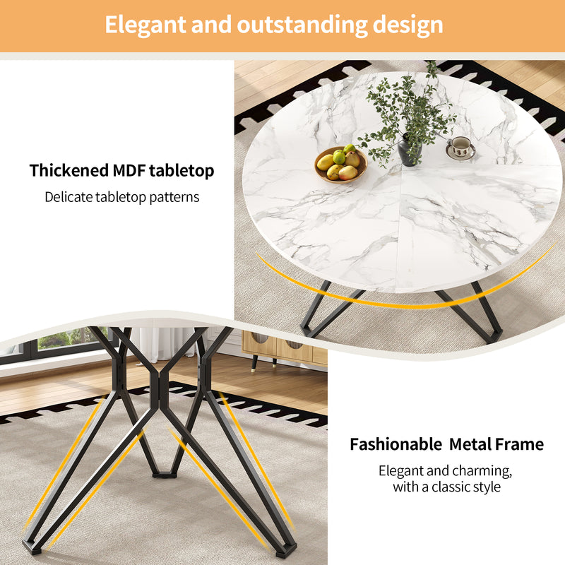 Table de salle à manger ronde effet marbre blanc pieds noires KOTOK