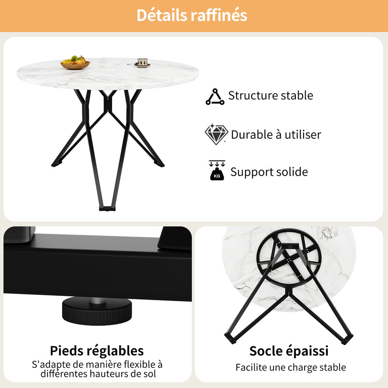 Table de salle à manger ronde effet marbre blanc pieds noires KOTOK