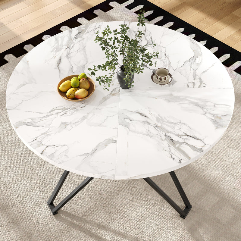 Table de salle à manger ronde effet marbre blanc pieds noires KOTOK