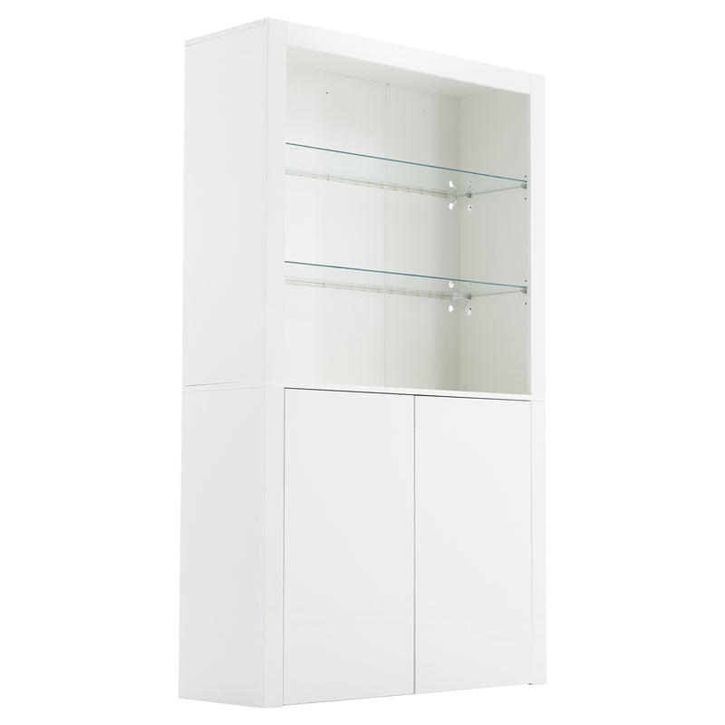 Vitrine haute blanche brillante avec éclairage LED, portes en verre trempé KRATUDS