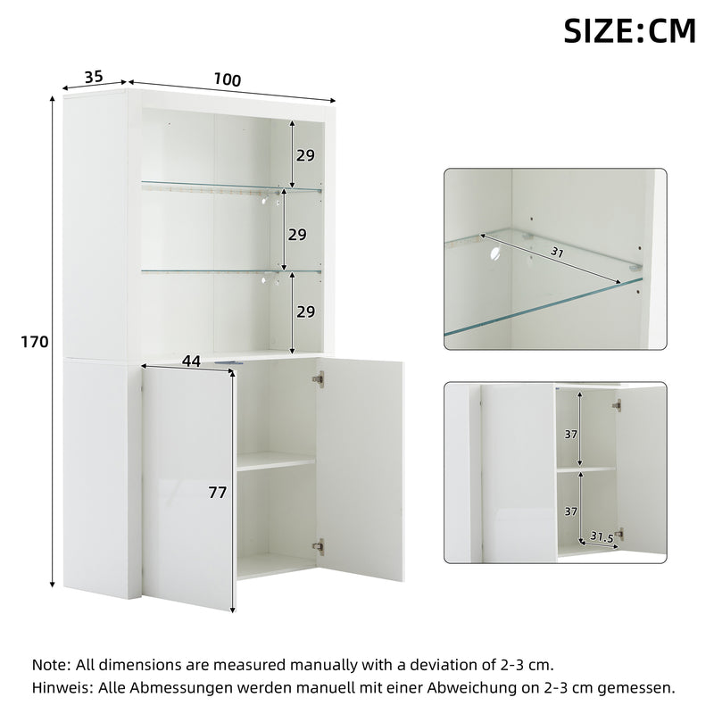 Vitrine haute blanche brillante avec éclairage LED, portes en verre trempé KRATUDS