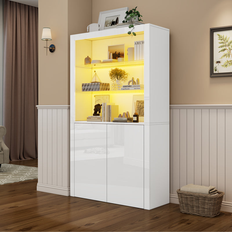 Vitrine haute blanche brillante avec éclairage LED, portes en verre trempé KRATUDS