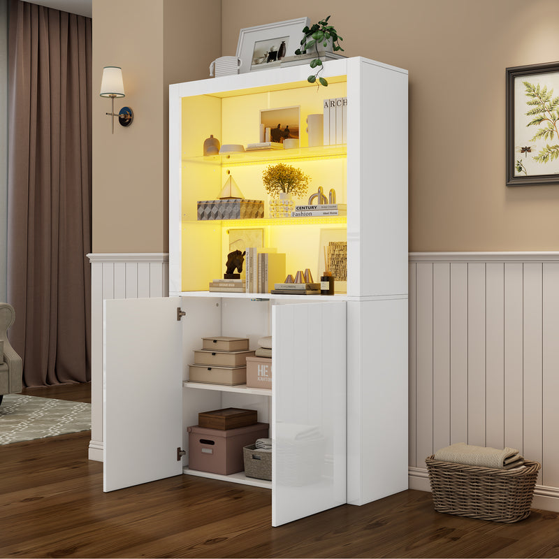 Vitrine haute blanche brillante avec éclairage LED, portes en verre trempé KRATUDS