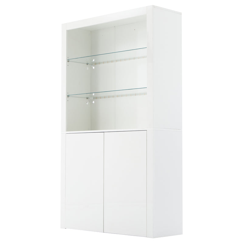 Vitrine haute blanche brillante avec éclairage LED, portes en verre trempé KRATUDS