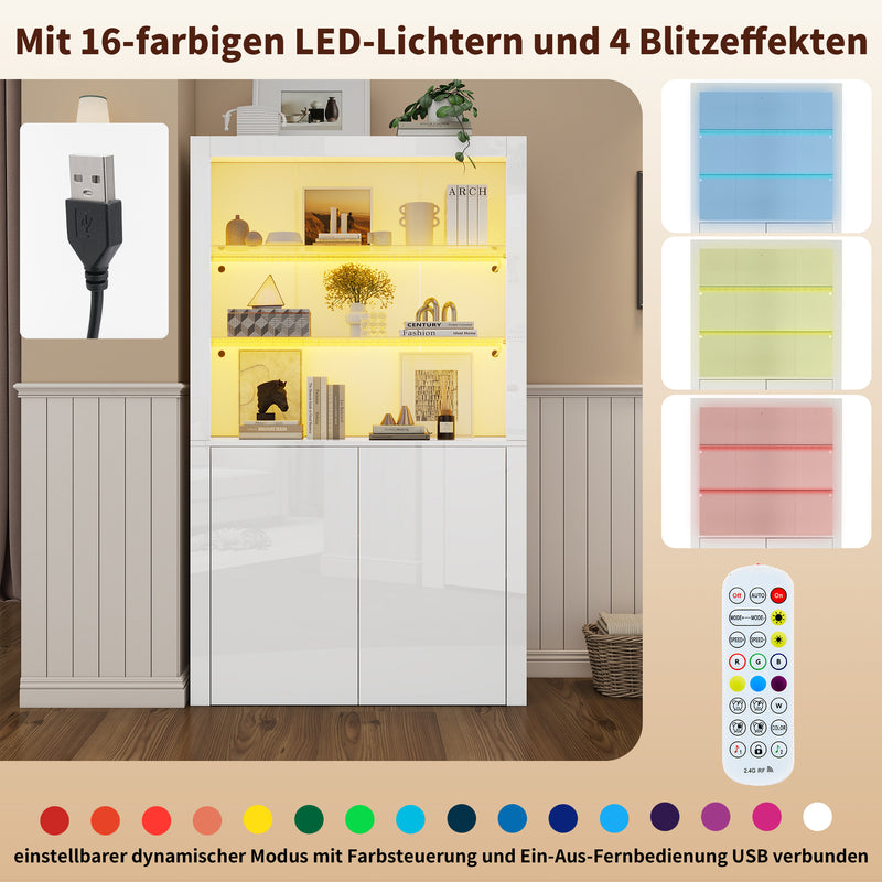 Vitrine haute blanche brillante avec éclairage LED, portes en verre trempé KRATUDS
