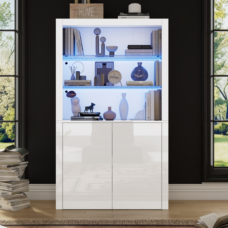 Vitrine haute blanche brillante avec éclairage LED, portes en verre trempé KRATUDS