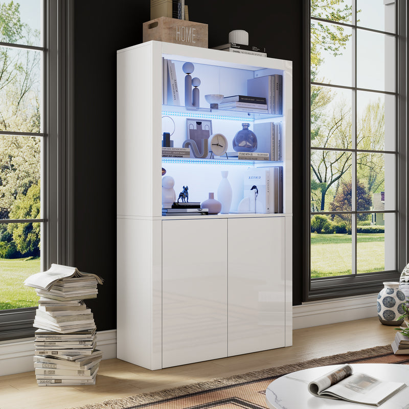 Vitrine haute blanche brillante avec éclairage LED, portes en verre trempé KRATUDS