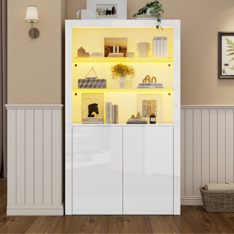Vitrine haute blanche brillante avec éclairage LED, portes en verre trempé KRATUDS