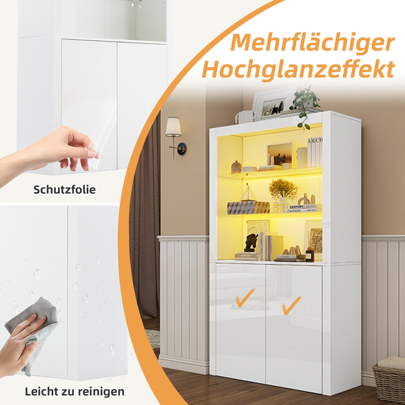 Vitrine haute blanche brillante avec éclairage LED, portes en verre trempé KRATUDS
