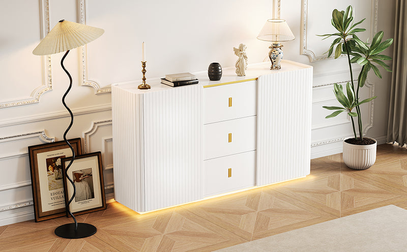 Buffet blanc élégant 2 portes, 2 tiroirs avec éclairage LED 150*35*80cm KRAUDREL