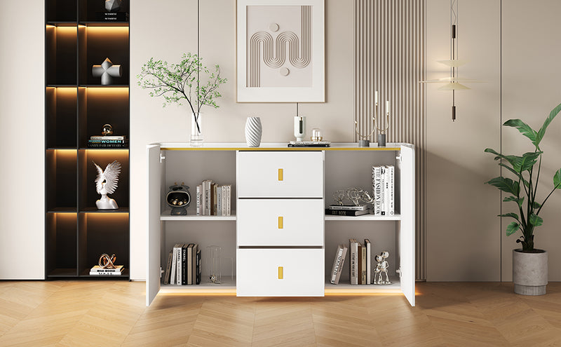 Buffet blanc élégant 2 portes, 2 tiroirs avec éclairage LED 150*35*80cm KRAUDREL