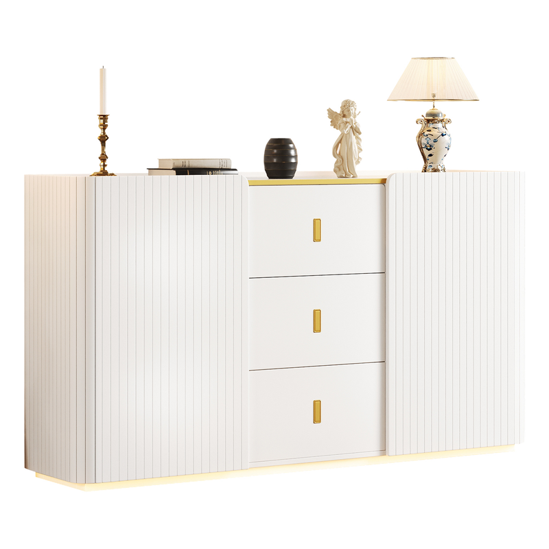 Buffet blanc élégant 2 portes, 2 tiroirs avec éclairage LED 150*35*80cm KRAUDREL