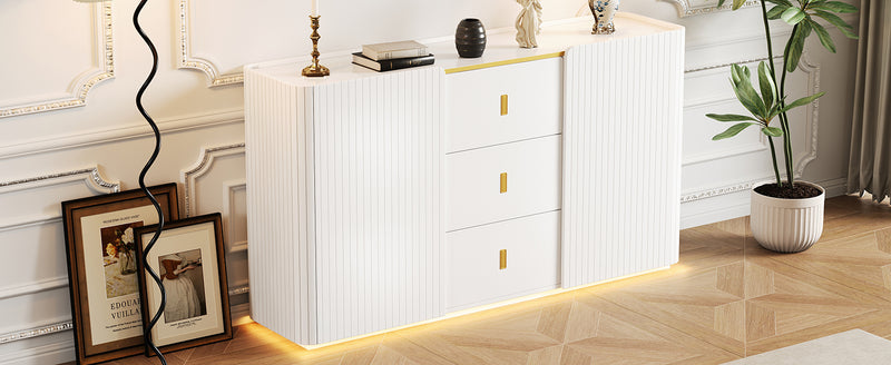 Buffet blanc élégant 2 portes, 2 tiroirs avec éclairage LED 150*35*80cm KRAUDREL