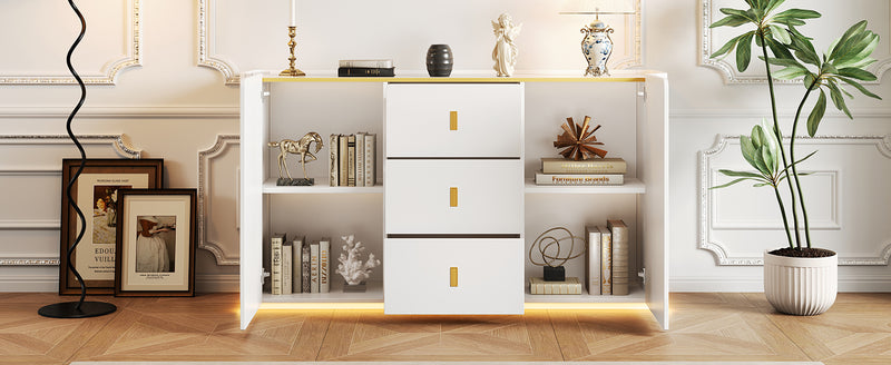 Buffet blanc élégant 2 portes, 2 tiroirs avec éclairage LED 150*35*80cm KRAUDREL