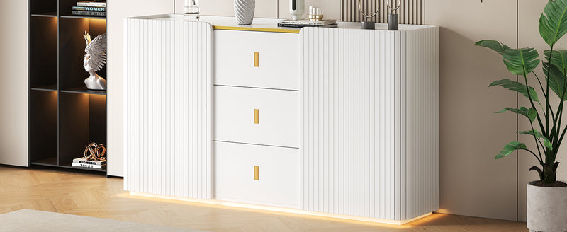 Buffet blanc élégant 2 portes, 2 tiroirs avec éclairage LED 150*35*80cm KRAUDREL