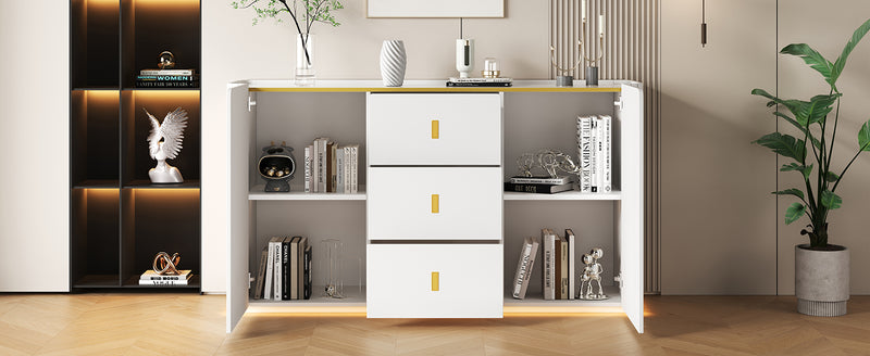 Buffet blanc élégant 2 portes, 2 tiroirs avec éclairage LED 150*35*80cm KRAUDREL