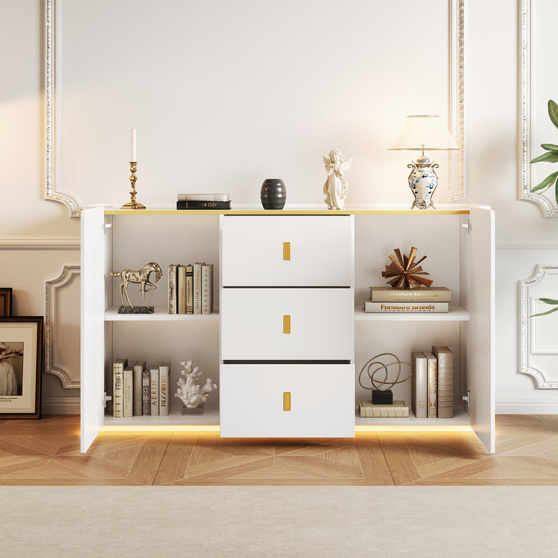 Buffet blanc élégant 2 portes, 2 tiroirs avec éclairage LED 150*35*80cm KRAUDREL