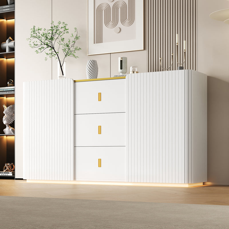 Buffet blanc élégant 2 portes, 2 tiroirs avec éclairage LED 150*35*80cm KRAUDREL