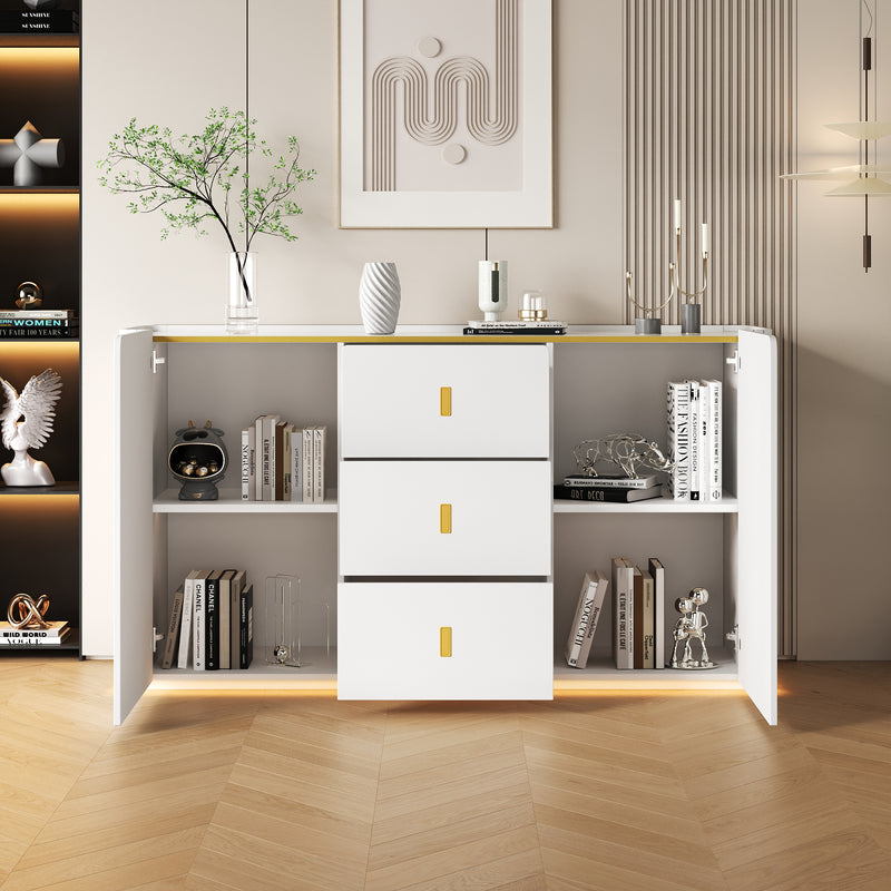 Buffet blanc élégant 2 portes, 2 tiroirs avec éclairage LED 150*35*80cm KRAUDREL