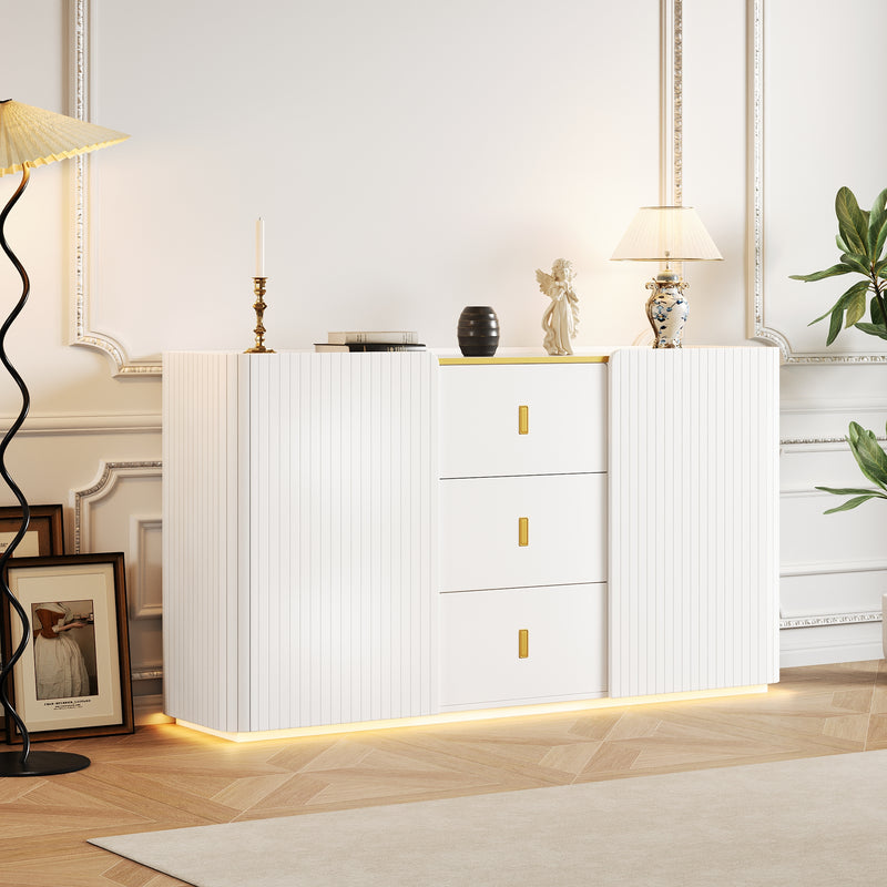 Buffet blanc élégant 2 portes, 2 tiroirs avec éclairage LED 150*35*80cm KRAUDREL