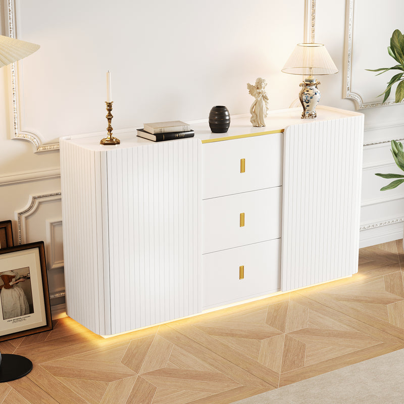 Buffet blanc élégant 2 portes, 2 tiroirs avec éclairage LED 150*35*80cm KRAUDREL