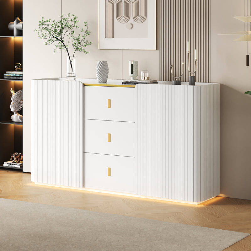 Buffet blanc élégant 2 portes, 2 tiroirs avec éclairage LED 150*35*80cm KRAUDREL