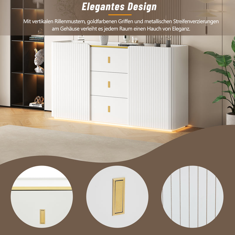 Buffet blanc élégant 2 portes, 2 tiroirs avec éclairage LED 150*35*80cm KRAUDREL