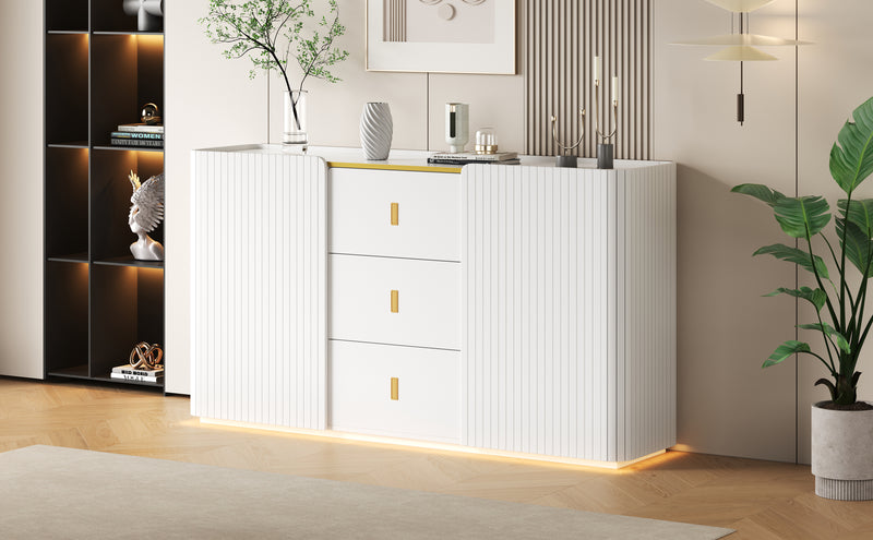 Buffet blanc élégant 2 portes, 2 tiroirs avec éclairage LED 150*35*80cm KRAUDREL