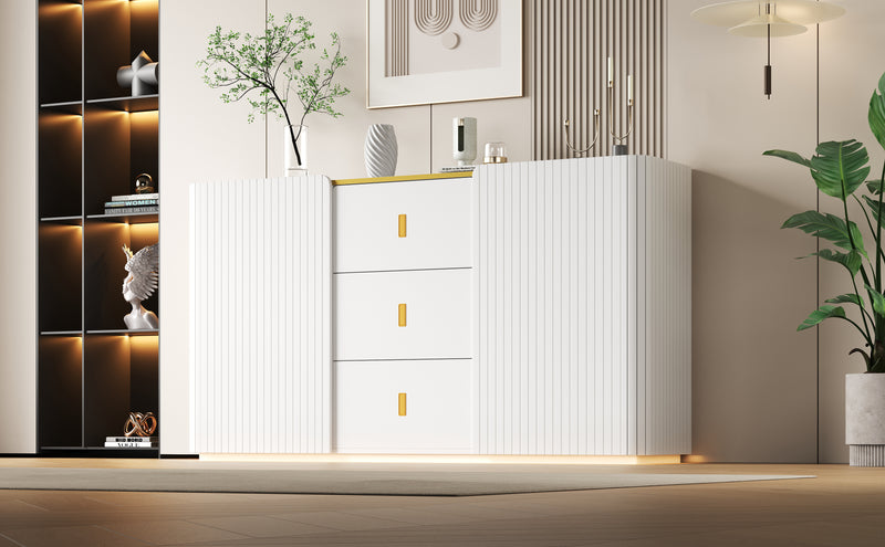 Buffet blanc élégant 2 portes, 2 tiroirs avec éclairage LED 150*35*80cm KRAUDREL