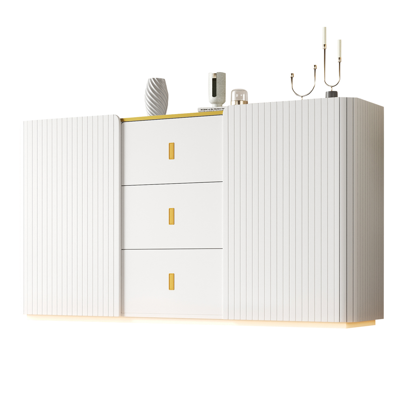 Buffet blanc élégant 2 portes, 2 tiroirs avec éclairage LED 150*35*80cm KRAUDREL