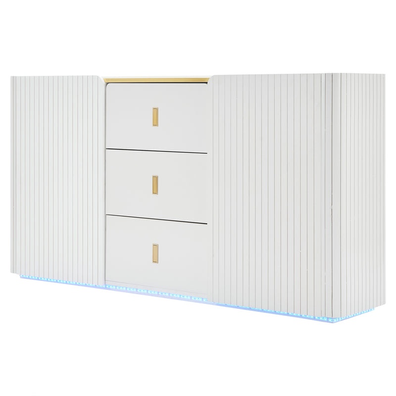 Buffet blanc élégant 2 portes, 2 tiroirs avec éclairage LED 150*35*80cm KRAUDREL