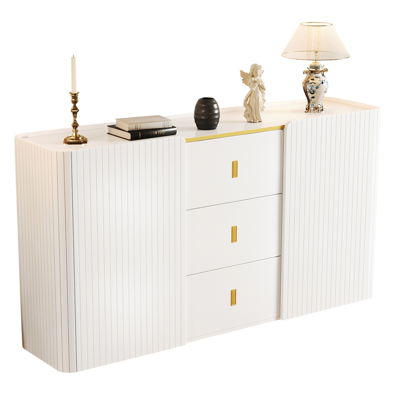 Buffet blanc élégant 2 portes, 2 tiroirs avec éclairage LED 150*35*80cm KRAUDREL