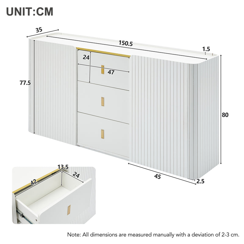 Buffet blanc élégant 2 portes, 2 tiroirs avec éclairage LED 150*35*80cm KRAUDREL