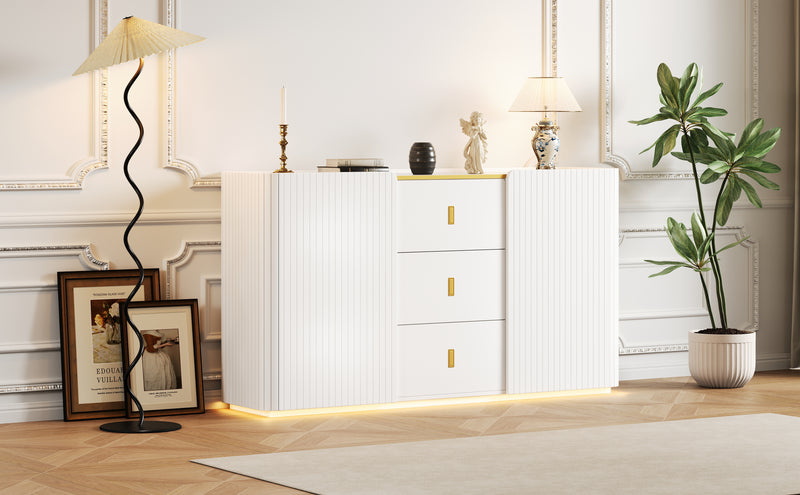 Buffet blanc élégant 2 portes, 2 tiroirs avec éclairage LED 150*35*80cm KRAUDREL