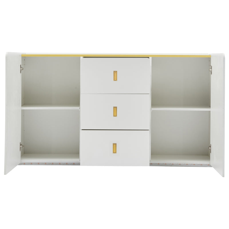 Buffet blanc élégant 2 portes, 2 tiroirs avec éclairage LED 150*35*80cm KRAUDREL