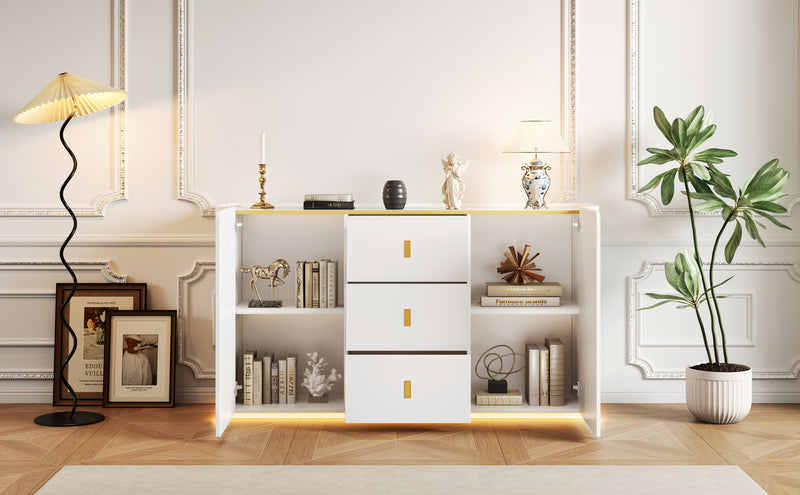 Buffet blanc élégant 2 portes, 2 tiroirs avec éclairage LED 150*35*80cm KRAUDREL