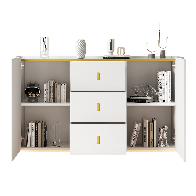 Buffet blanc élégant 2 portes, 2 tiroirs avec éclairage LED 150*35*80cm KRAUDREL