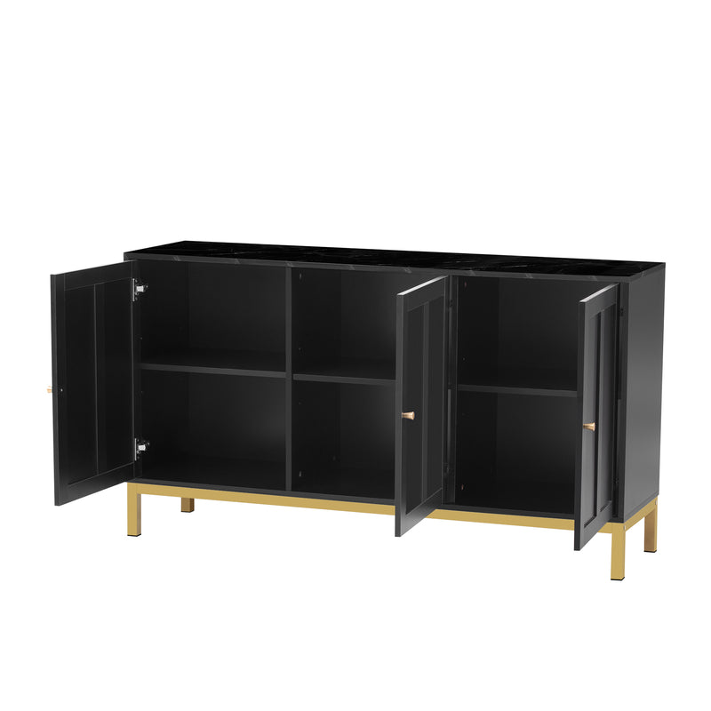 Buffet noir moderne 3 portes avec plateau effet marbre noir et pieds métalliques dorés KREBS