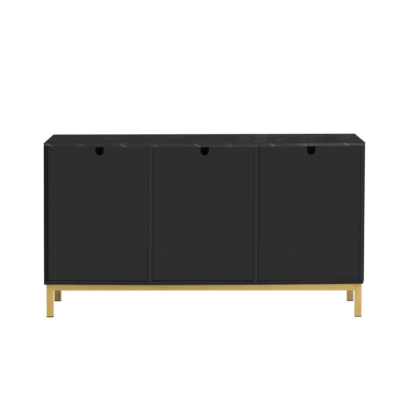 Buffet noir moderne 3 portes avec plateau effet marbre noir et pieds métalliques dorés KREBS