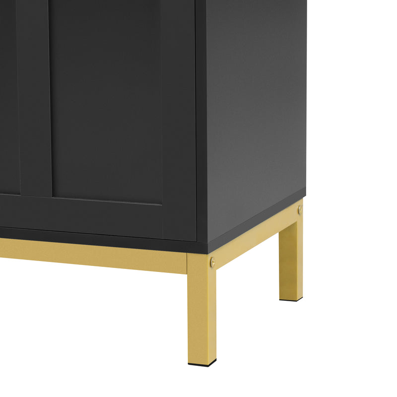 Buffet noir moderne 3 portes avec plateau effet marbre noir et pieds métalliques dorés KREBS