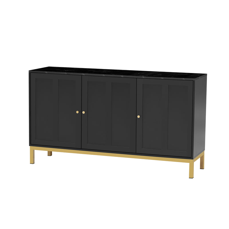 Buffet noir moderne 3 portes avec plateau effet marbre noir et pieds métalliques dorés KREBS