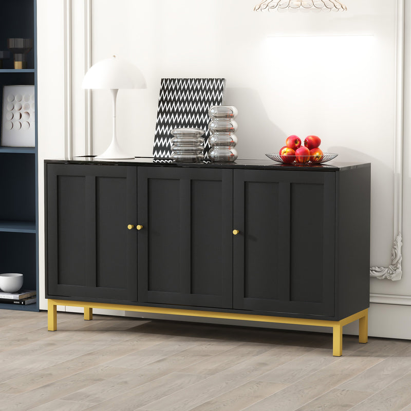 Buffet noir moderne 3 portes avec plateau effet marbre noir et pieds métalliques dorés KREBS