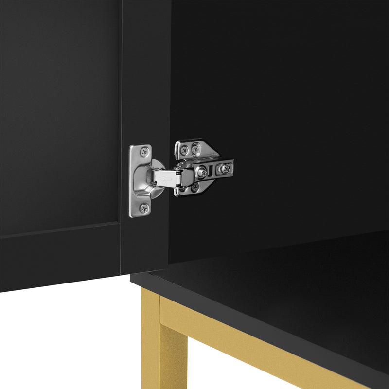 Buffet noir moderne 3 portes avec plateau effet marbre noir et pieds métalliques dorés KREBS